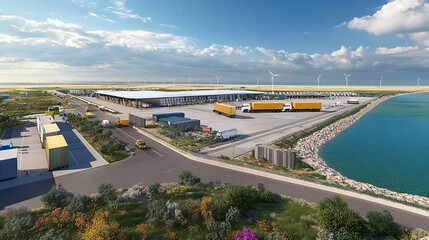 A coastal logistics center where goods are transferred from wind-powered ships to electric trucks and trains. 