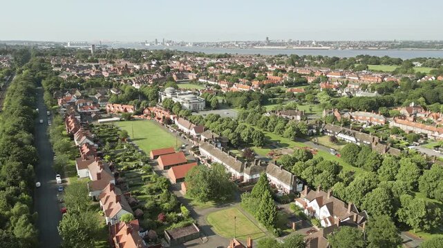 Aerial view of residential houses in model English village of Port Sunlight, Wirral, England