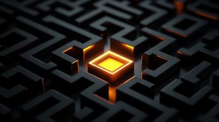 A small, glowing square at the end of a minimalist maze, symbolizing reaching a goal through thoughtful planning minimalist style,