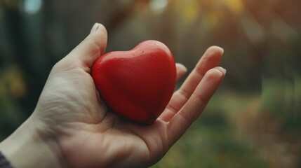 A hand holding a red heart shape, symbolizing love, care, compassion, generosity, and affection.