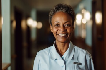 Obraz premium Smiling portrait of a middle aged female African American hotel worker