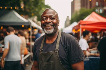 Fototapeta premium Smiling portrait of a middle aged African American male food truck owner