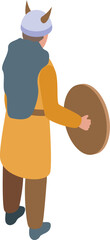 Medieval scandinavian warrior holding a wooden shield in an isometric cartoon style