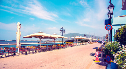 Beautiful landscape with the promenade of Lefkada, Greece. Tourist places.