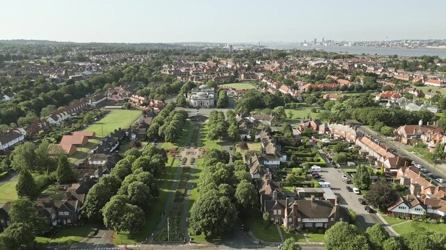 Aerial view of residential houses in model English village of Port Sunlight, Wirral, England