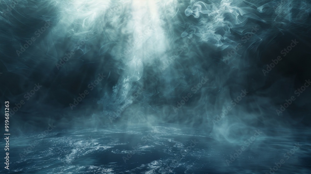 Poster a mysterious and ethereal background featuring a swirling fog with a beam of light above, reflecting
