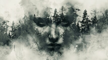 A mysterious face emerges from a dense forest, symbolizing the connection between humanity and nature, the power of the wilderness, the hidden secrets of the woods, and the strength found in nature.