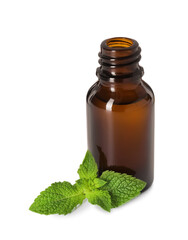 Bottle of essential oil and mint isolated on white