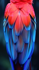 Obraz premium Up close: the vivid blue and red plumage of a Scarlet Macaw's back feathers