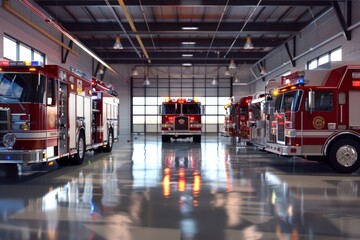 Interior of a fire station with trucks