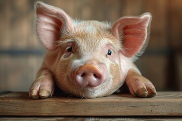 A close-up portrait of a piglet, looking curious at the camera, with its snout resting on a wooden surface.