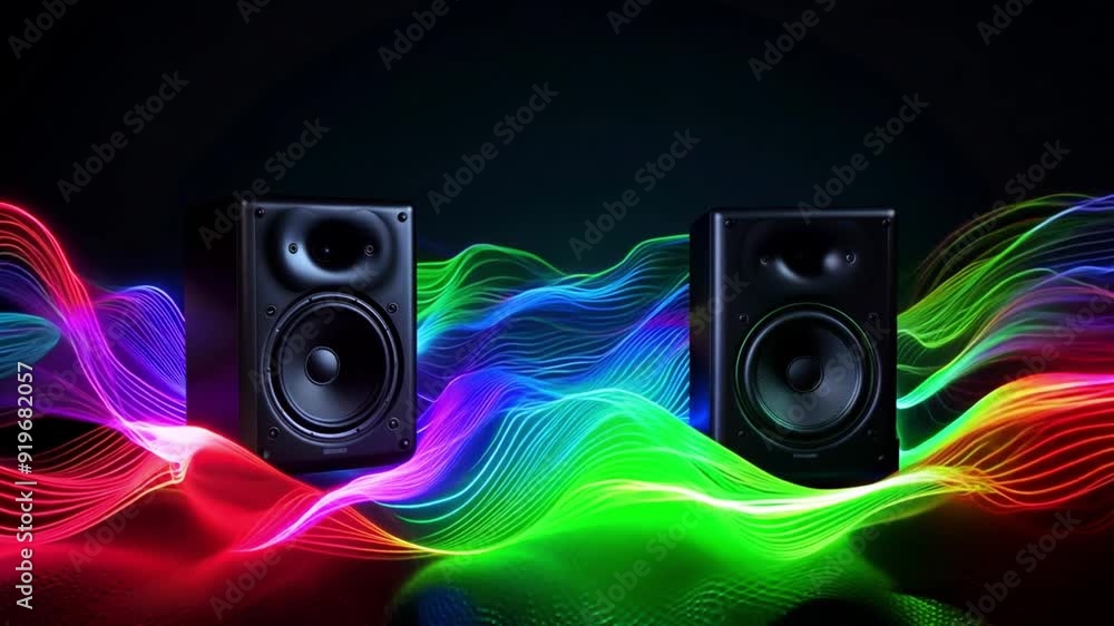 Poster speakers emit colorful sound waves, creating a captivating light display in a dark environment, enha