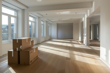 Interior of a modern empty home with moving boxes