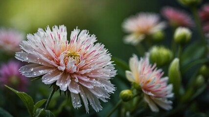 Macro shot of delicate pink flowers covered in morning dew, surrounded by green foliage, capturing the freshness of a garden scene.
