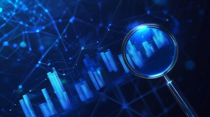 Illustration of data analysis financial analysis and business analysis concepts Abstract design featuring a magnifying glass growing bar graph and upward arrow in a blue lowpoly
