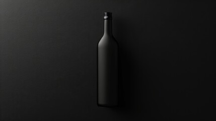 A single black wine bottle stands tall against a black background. The minimal aesthetic emphasizes the shape and form of the bottle, creating a sense of elegance and mystery. The dark color palette e