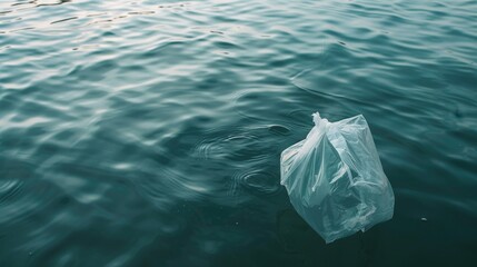 A single plastic bag floats on the surface of the ocean, symbolizing pollution, environmental damage, marine life endangerment, plastic waste, and the need for sustainability.