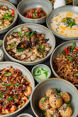 Bowls filled with various asian dishes presenting a culinary delights from japanese cuisine