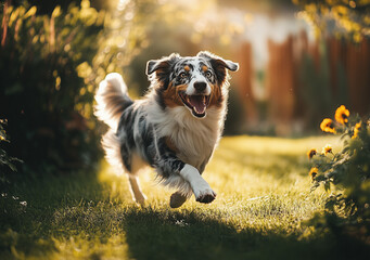 Australian Sheppard che corre nel prato.