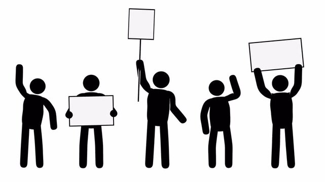 Pictogram people with posters - protest action. Protesters at a rally. Looping animation.