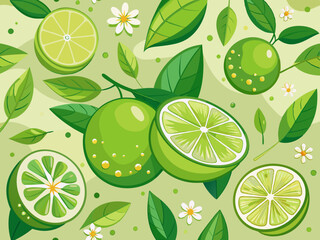 Cartoon limes. Sour lime slices, blossom and leaves on branches. Green citrus fruit seamless texture patterns vector illustration set. Juicy ingredient for drink, lemonade or mojito
