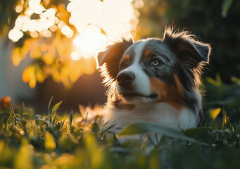Autralian sheppard seduto in giardino