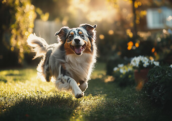 Australian Sheppard che corre nel prato.