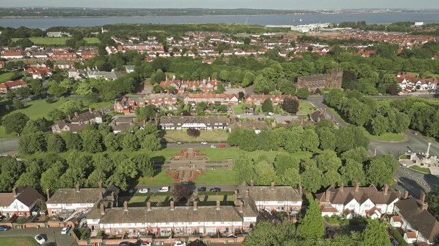 Aerial view of residential houses in model English village of Port Sunlight, Wirral, England