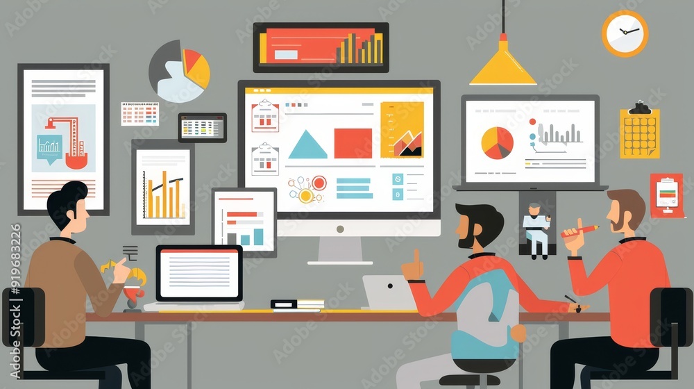 Poster a team of three business professionals collaborate in a modern office setting. they are analyzing da