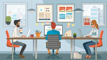 A team of three professionals working together in a modern office space, showcasing collaboration, technology, and a productive work environment.