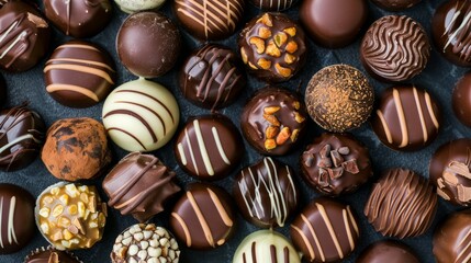 A variety of gourmet chocolate truffles, each with a unique flavor and design, are arranged on a dark surface. These decadent treats symbolize indulgence, luxury, and the art of fine confectionery.
