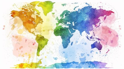 A vibrant watercolor world map with splashes of color representing global diversity, connection, travel, and exploration.