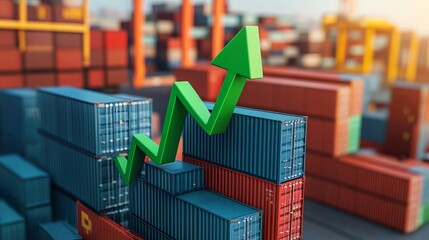 Shipping containers with an upward green arrow indicating increased transportation volumes income growth rising imports and exports and economic development