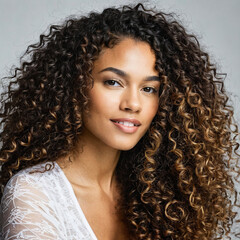 Mixed-race woman with long curly brown hair