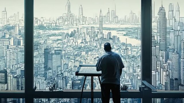An artist stands at an easel, drawing the intricate cityscape illuminated by the fading sunlight, showcasing a blend of creativity and urban beauty