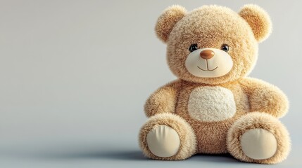 Obraz premium A cute teddy bear with brown fur sitting on a light grey background.