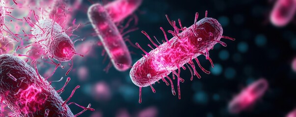 Obraz premium Bacteria mutation, dark background, glowing microorganisms, microscopic futuristic concept