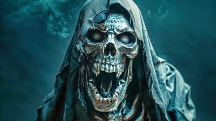 A terrifying grim reaper's skeleton head screams in fear against a black background, capturing the essence of horror and Halloween eeriness
