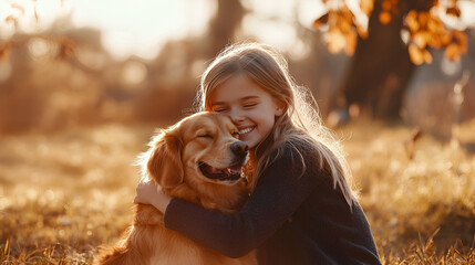 Niña feliz abrazando a su perro a su mascota amigo siendo amigos celebrando su amistad abrazados amistad leal y nobleza