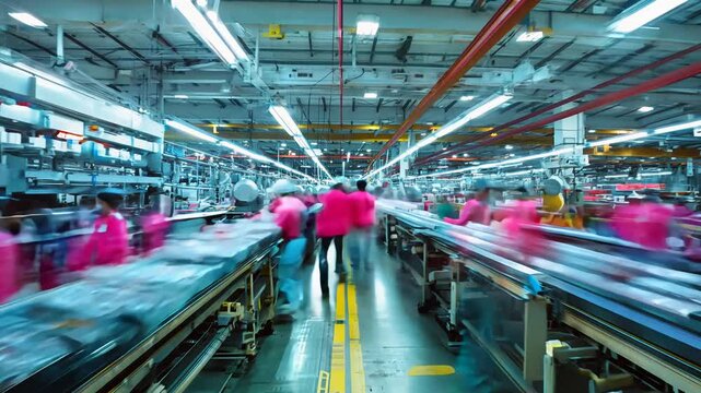 Asian textile sewing factory with many workers, motion blurred video