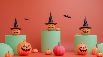 Three jack-o-lantern pumpkins with witch hats are displayed on green pedestals, with bats flying overhead. The pumpkins are on a bright orange background.