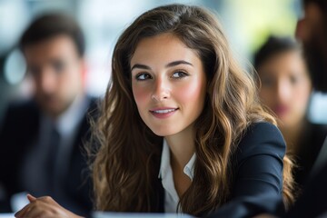 Obraz premium Young businesswoman discussing some reports with her team, Generative AI