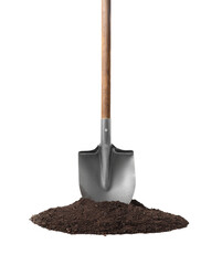 Metal shovel with wooden handle and pile of soil isolated on white © New Africa