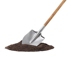 Metal shovel with wooden handle and pile of soil isolated on white
