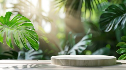 Obraz premium Podium with white wood and blurred green monstera plant for beauty cosmetics display with tropical forest background.