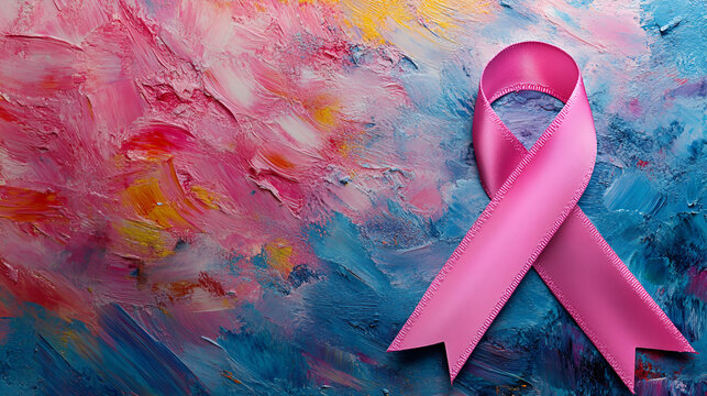 fondo pintado de colores con espacio de copia con un liston rosa simbolo de prevencion de cancer en la mujer