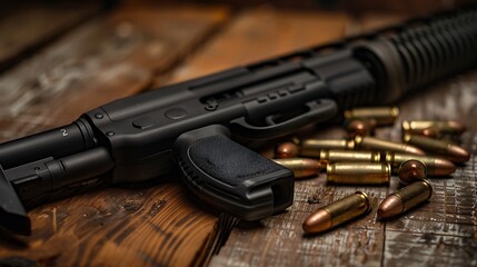 Obraz premium A black 12 gauge pump action shotgun and ammo are on a wooden table a smooth bore weapon with a plastic stock dark brown background