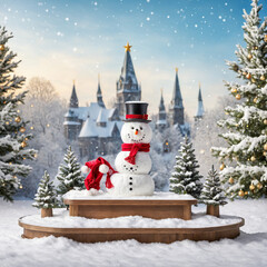 Naklejka premium Christmas snowman product display podium in the snow, Xmas product stand with product presentation space in a winter wonderland, Christmas scenery, Snow man podium with presentation space, ad, podium 
