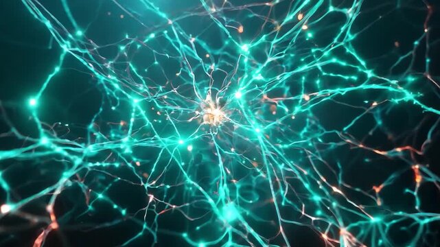 Neuron surrounded by luminous connections, highlighting complex activity in the brain