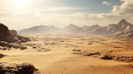 A desolate, rocky desert landscape with mountains in the distance, under a bright, partly cloudy sky.